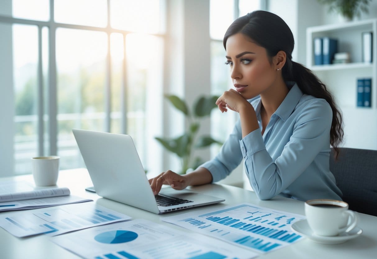 A young woman sitting at a desk reviewing financial documents with a laptop and coffee, in a bright office setting.