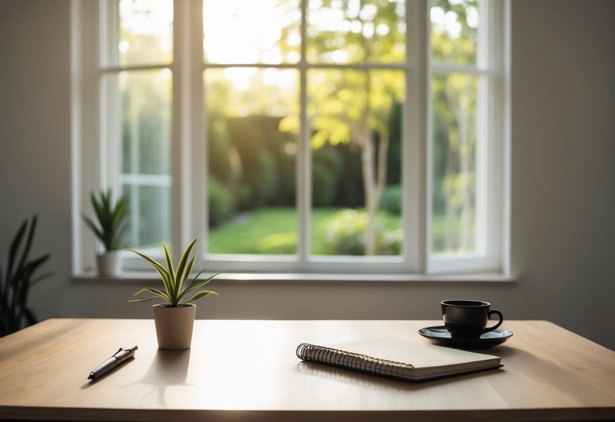 A minimalist home office with a wooden desk holding a notebook, pen, potted plant, and coffee cup, next to a window showing a green garden.