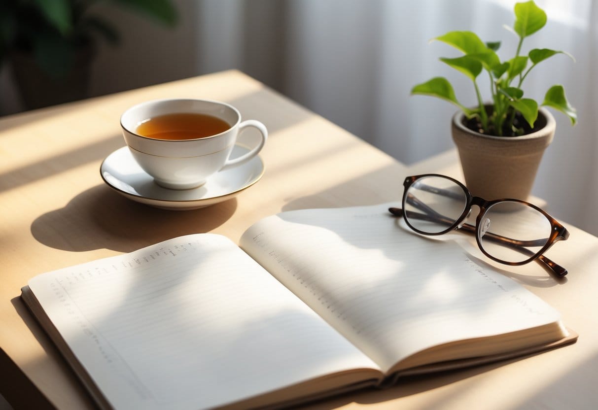 A minimalist workspace with a wooden desk holding a cup of tea, an open notebook, a small plant, and reading glasses.