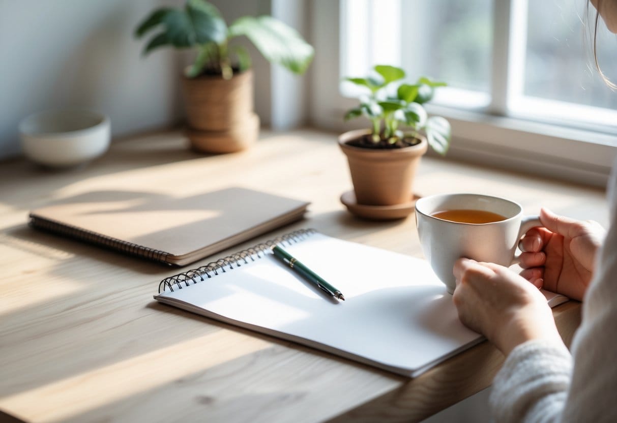 A minimalist workspace with a wooden desk, a notebook, a small plant, and hands holding a cup of tea near a window with natural light.