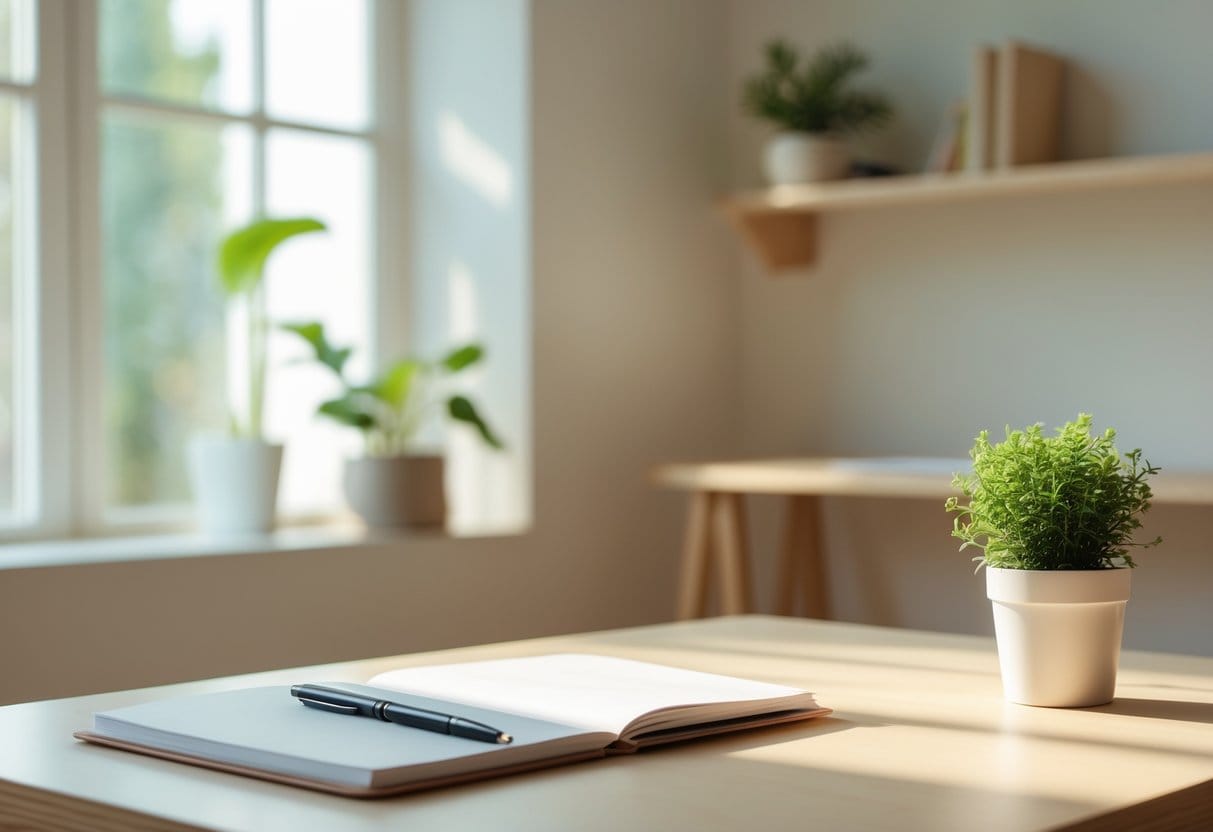 A tidy workspace with a wooden desk, an open notebook, a pen, a small potted plant, and a minimalist shelf in soft natural light.