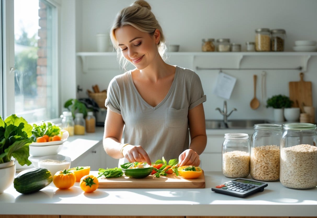 A person preparing a simple meal in a bright kitchen with jars of food and a shopping list on the counter.