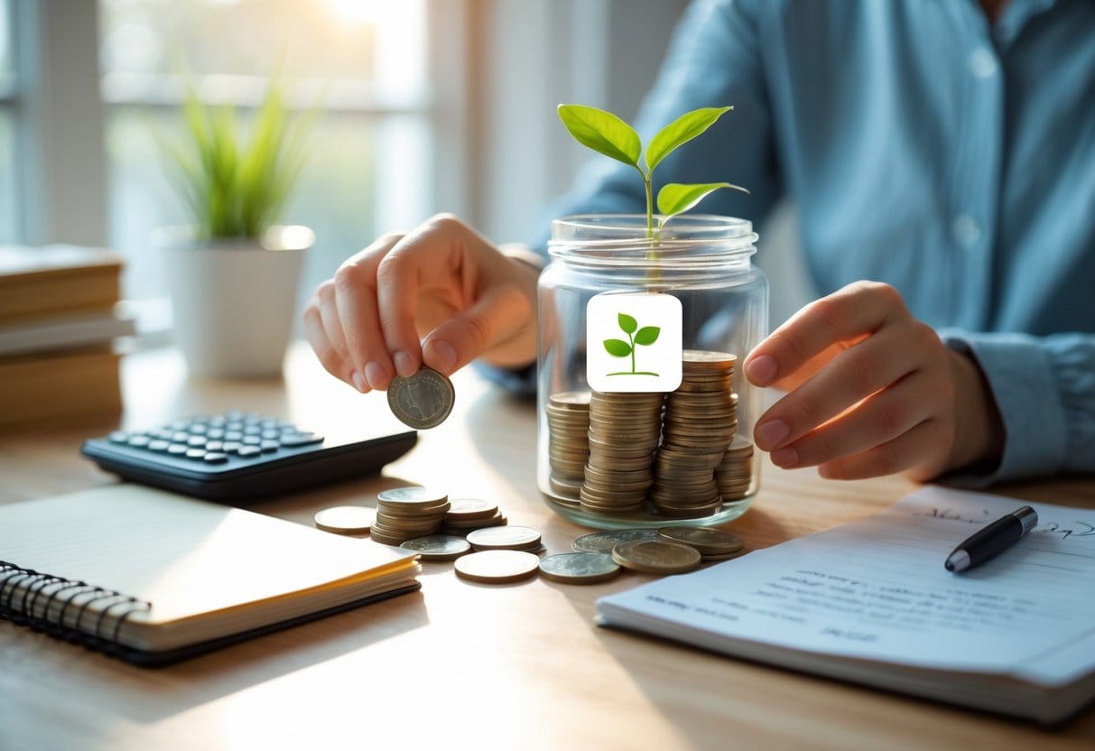 Hands counting coins and placing them into a glass jar on a wooden desk with a notebook and calculator nearby.