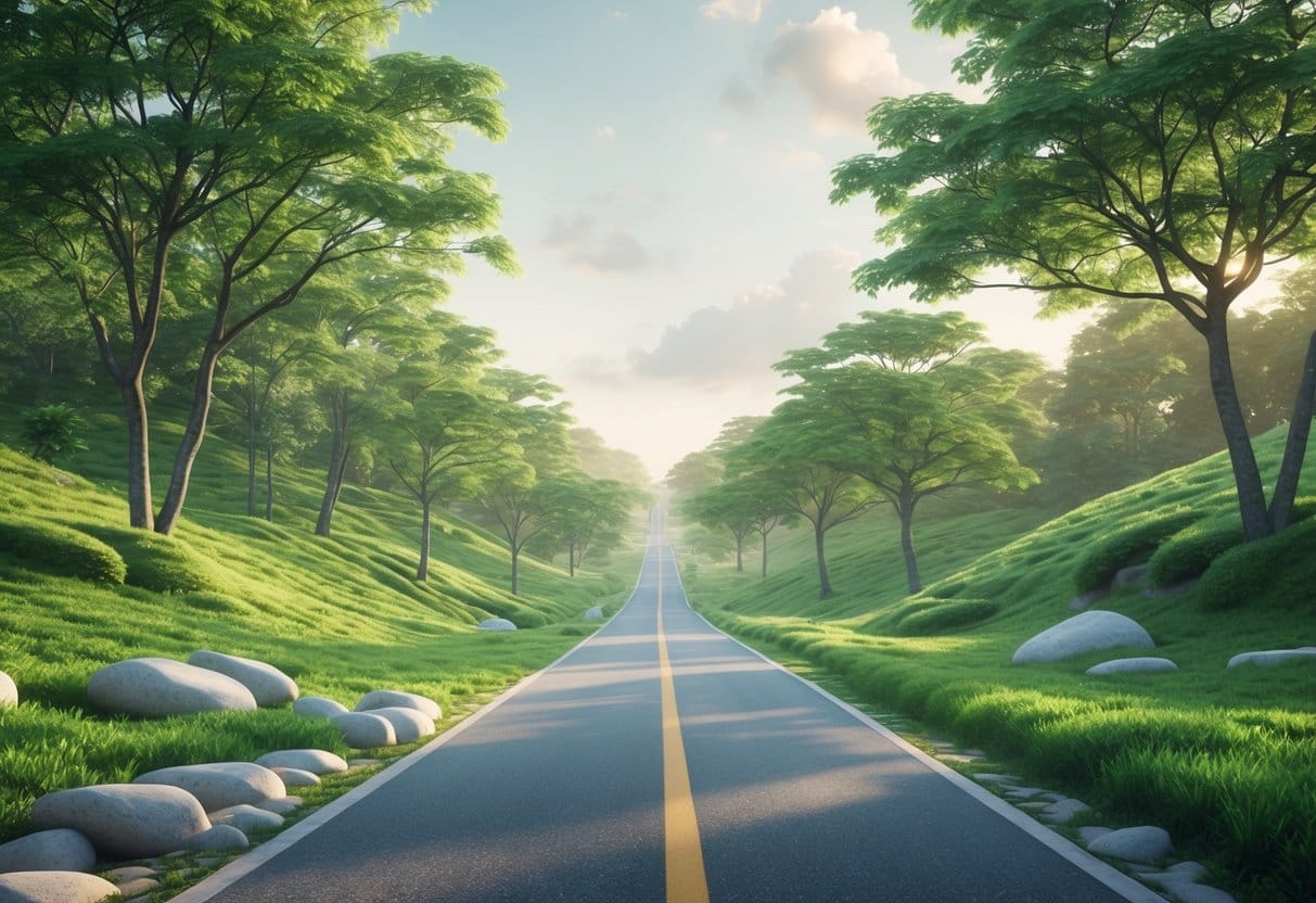 A winding road through a peaceful forest with sunlight filtering through trees, symbolizing a calm and steady journey.