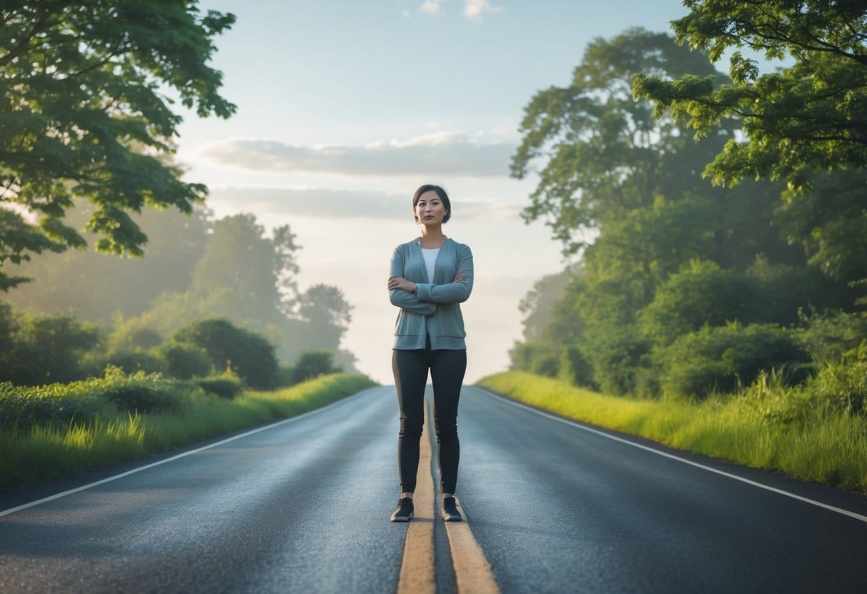 A person standing thoughtfully on a winding road surrounded by trees under a clear sky.