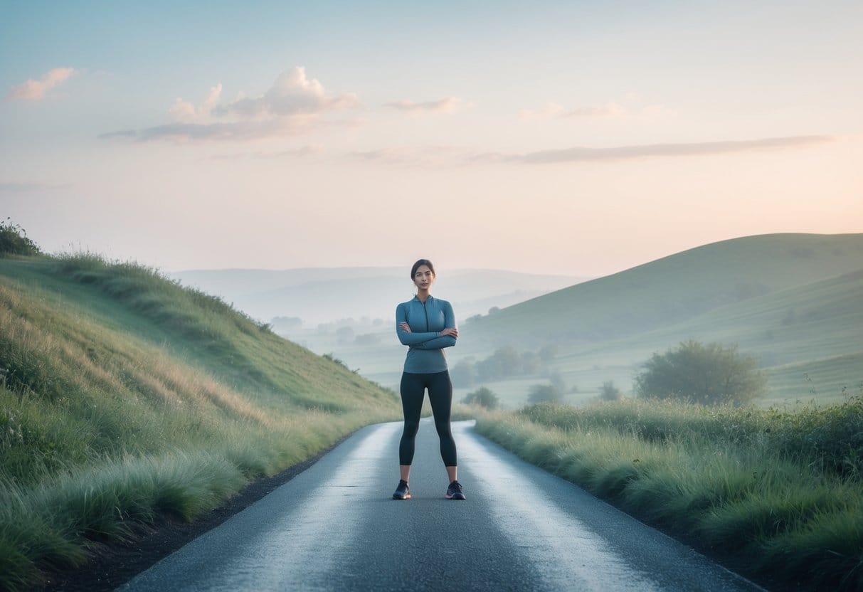 A person standing confidently on a winding path in a peaceful natural landscape with hills and a clear sky.