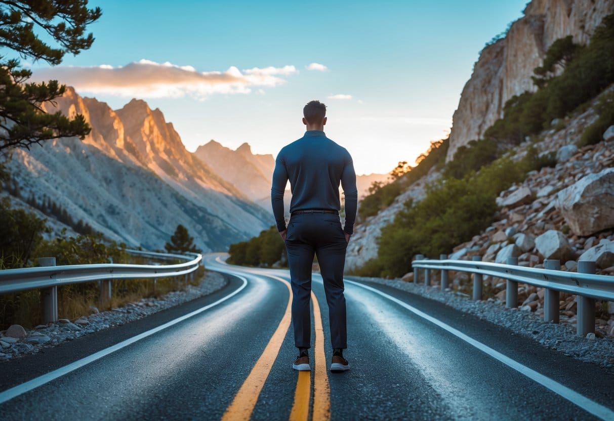 A person standing at the start of a winding mountain road with a sunrise in the background, looking determined and calm.