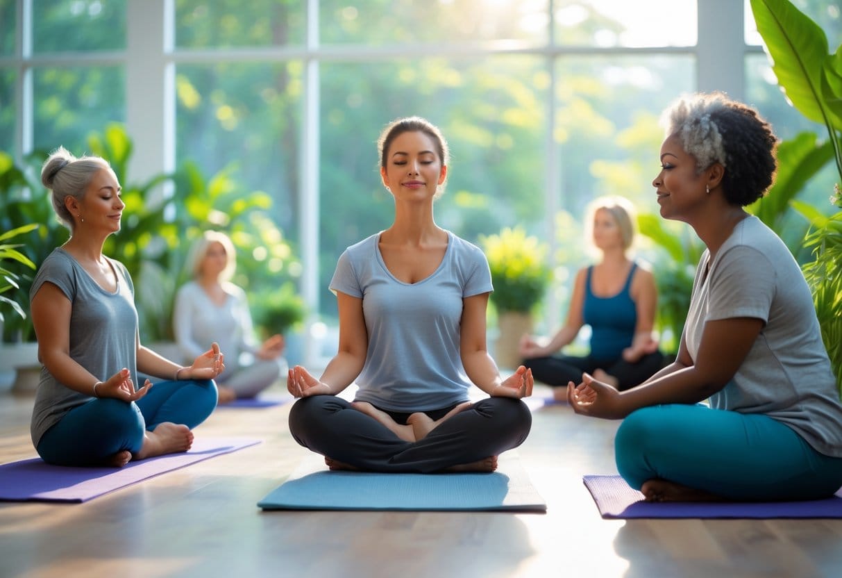A group of adults practicing mindfulness and self-care indoors with meditation, journaling, and stretching near large windows overlooking a garden.