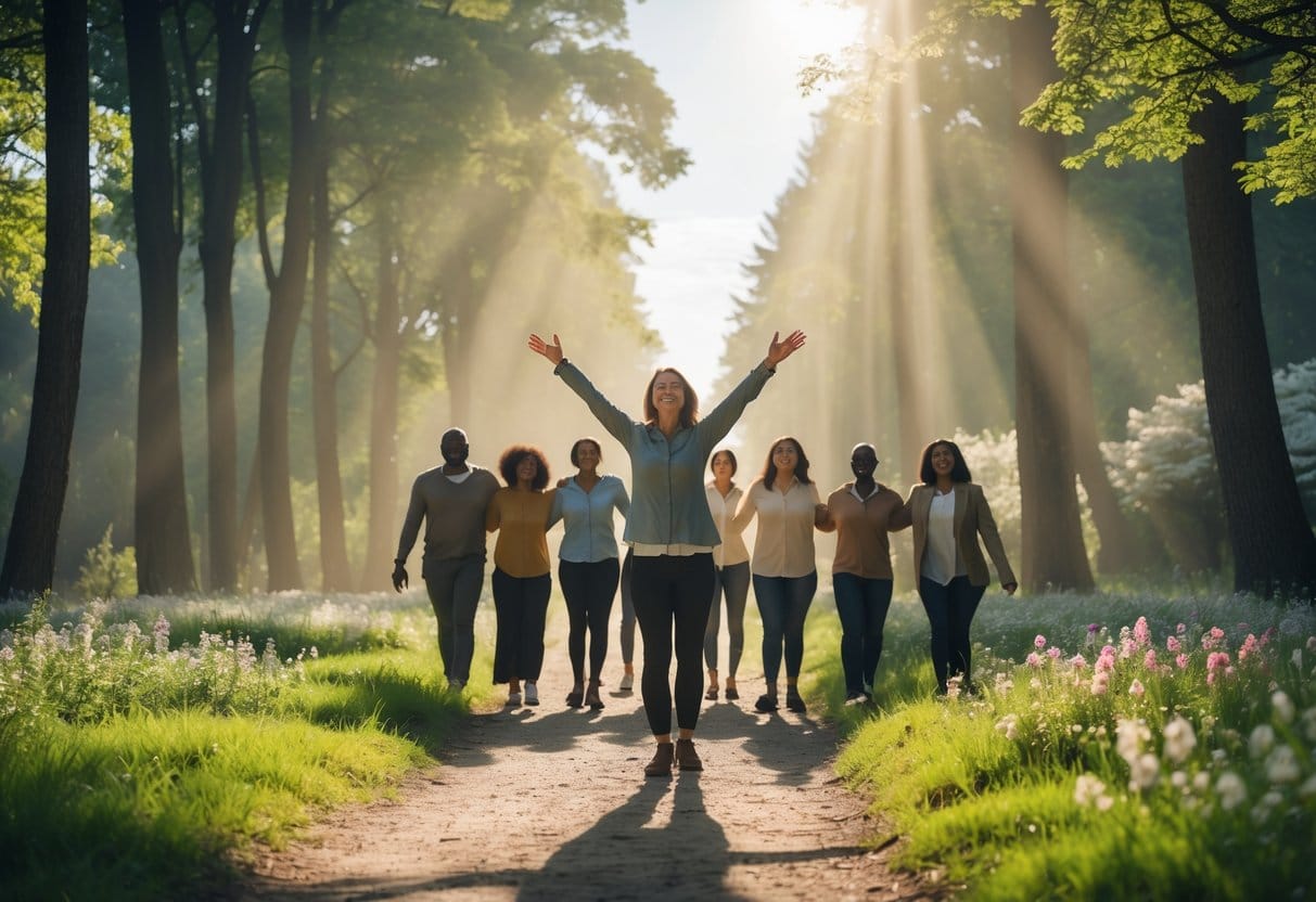 A diverse group of people walking on a sunlit forest path surrounded by green trees, with one person in the foreground raising their arms peacefully toward the sky.