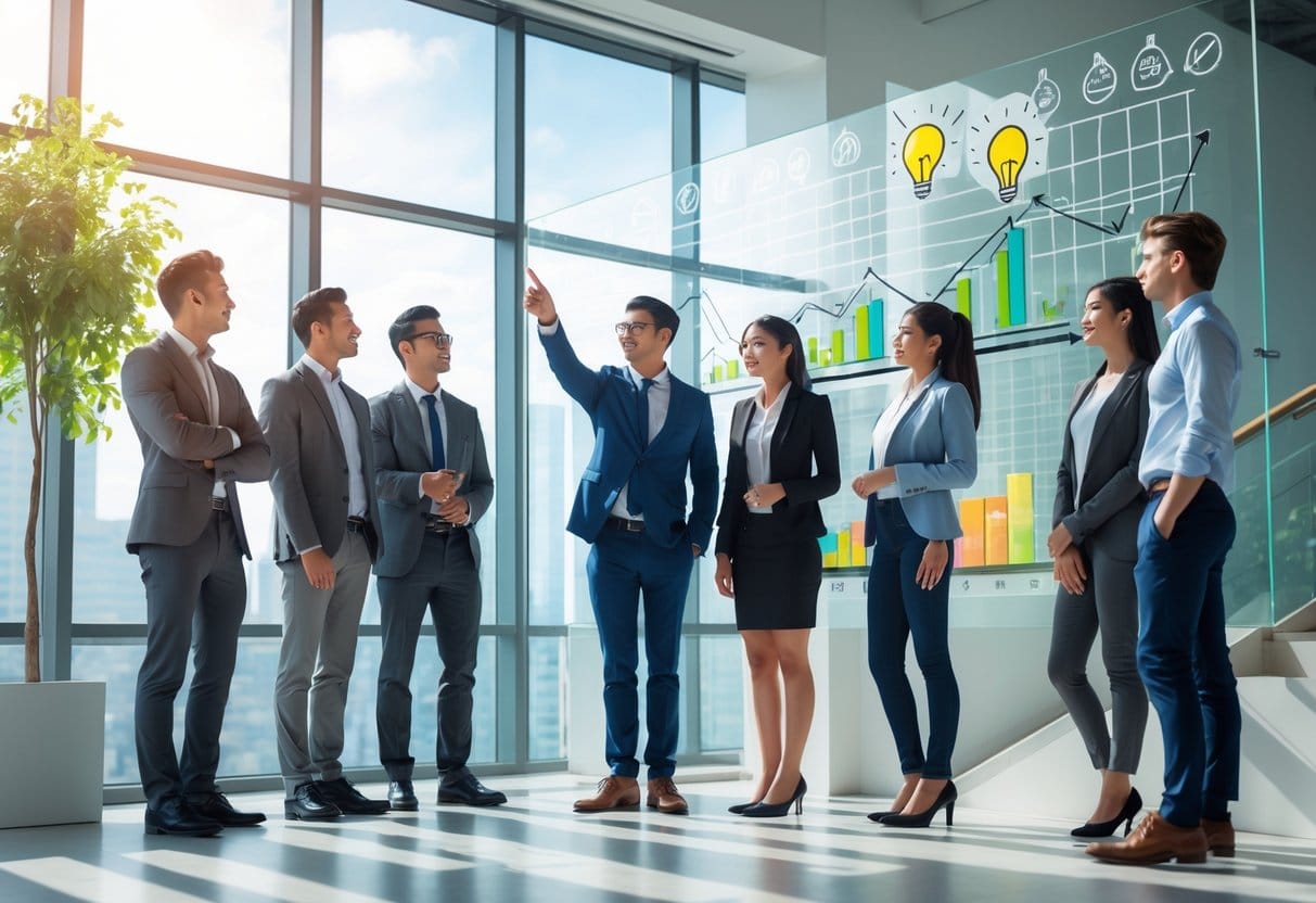 A group of young professionals in an office, one pointing at a glass board with upward graphs, showing determination and teamwork.