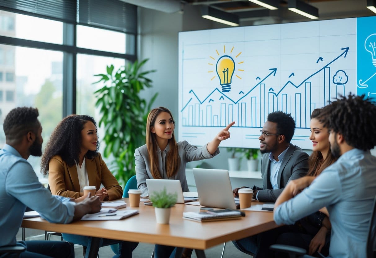 A group of people discussing ideas around a table in a bright office with a woman pointing to a screen showing growth charts and lightbulb icons.