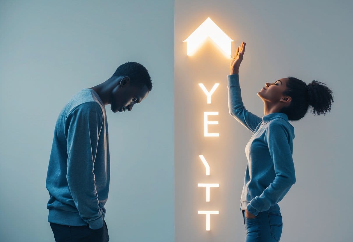 Two people side by side, one looking discouraged and the other reaching upward toward a glowing light, symbolizing personal growth and mindset change.
