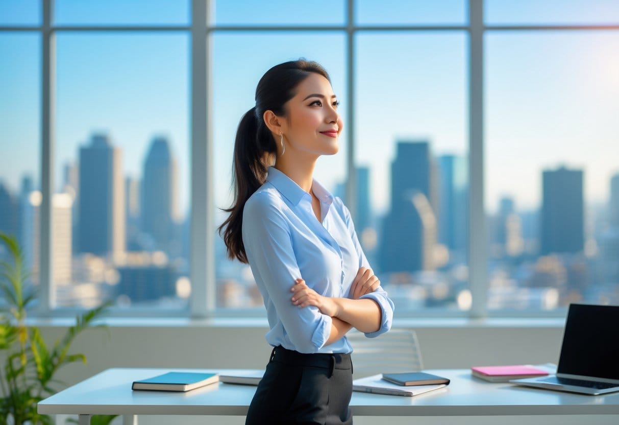 A young woman standing in a bright office, looking thoughtfully into the distance with a slight smile, with a cityscape visible through a large window behind her.