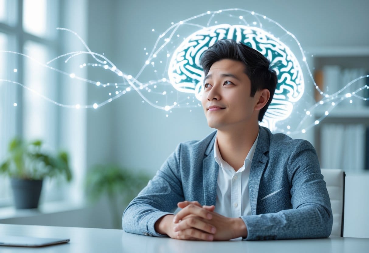 A young adult sitting thoughtfully at a desk with glowing neural patterns around their head, symbolizing brain activity and personal growth.
