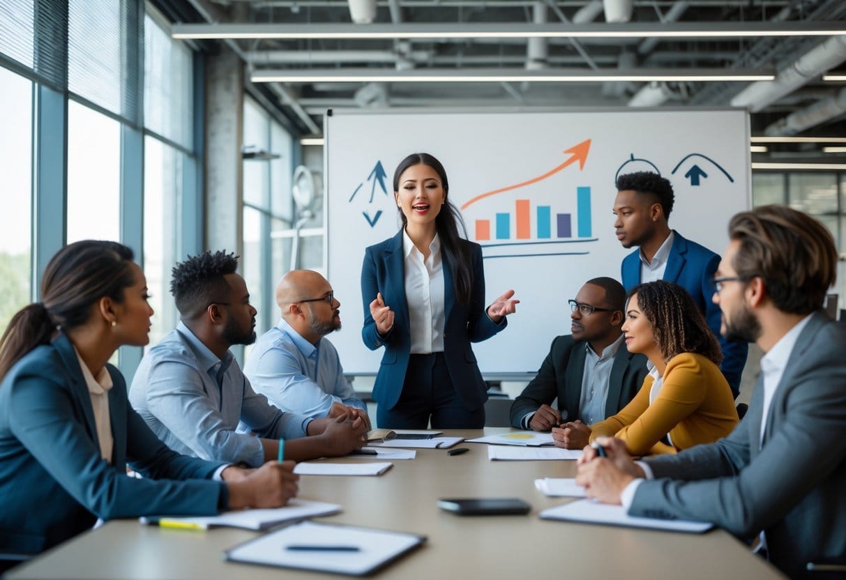 A diverse group of people in an office meeting, with a young woman speaking confidently while others listen attentively.