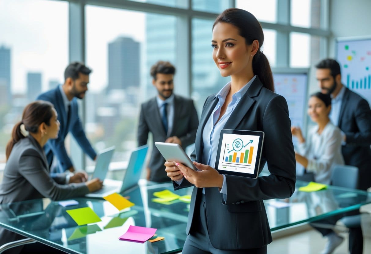 A confident businesswoman holding a tablet in a modern office while colleagues collaborate around a table with sticky notes and laptops.