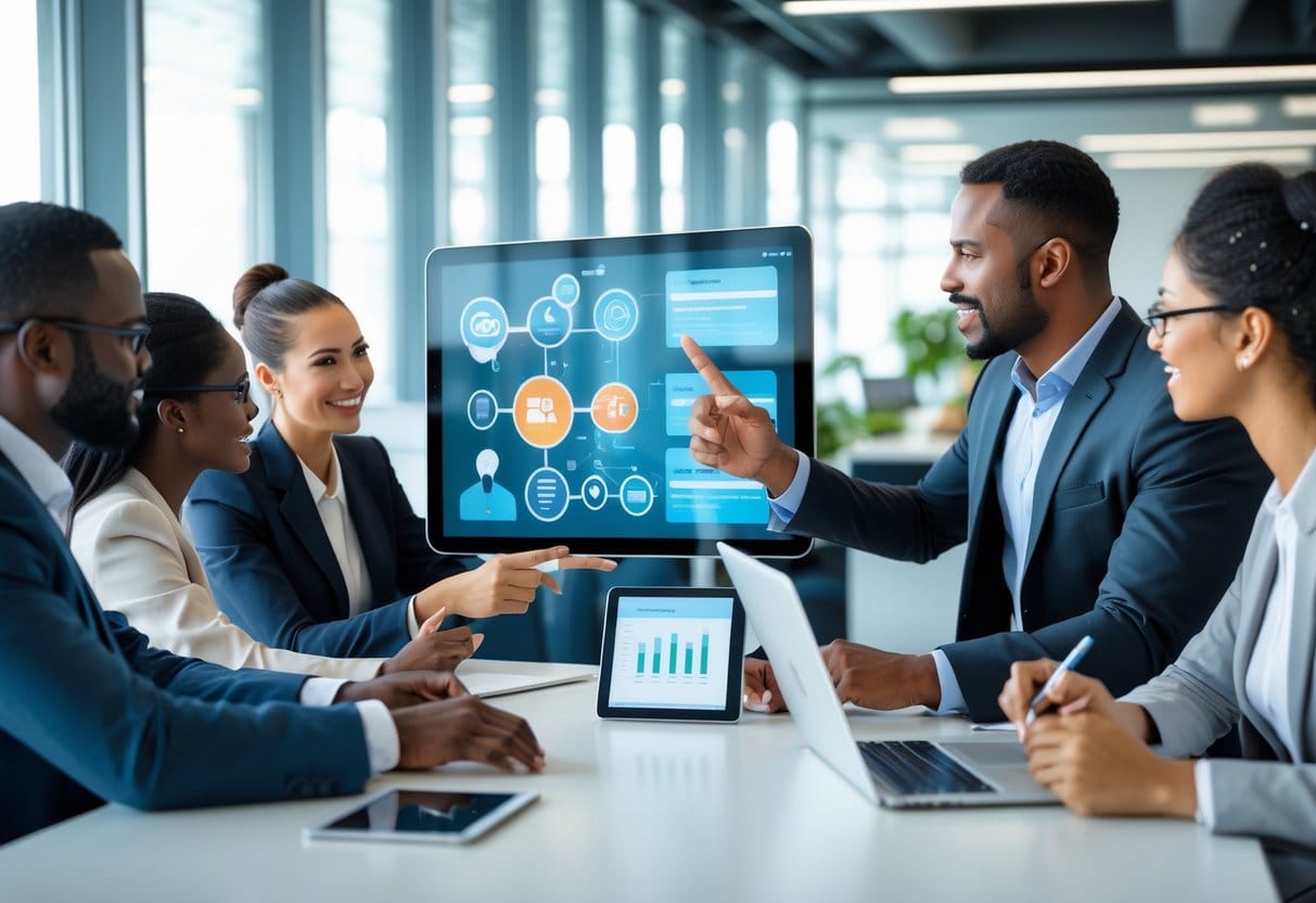 A group of business professionals collaborating in a modern office, with one person presenting ideas on a digital touchscreen while others listen and take notes.