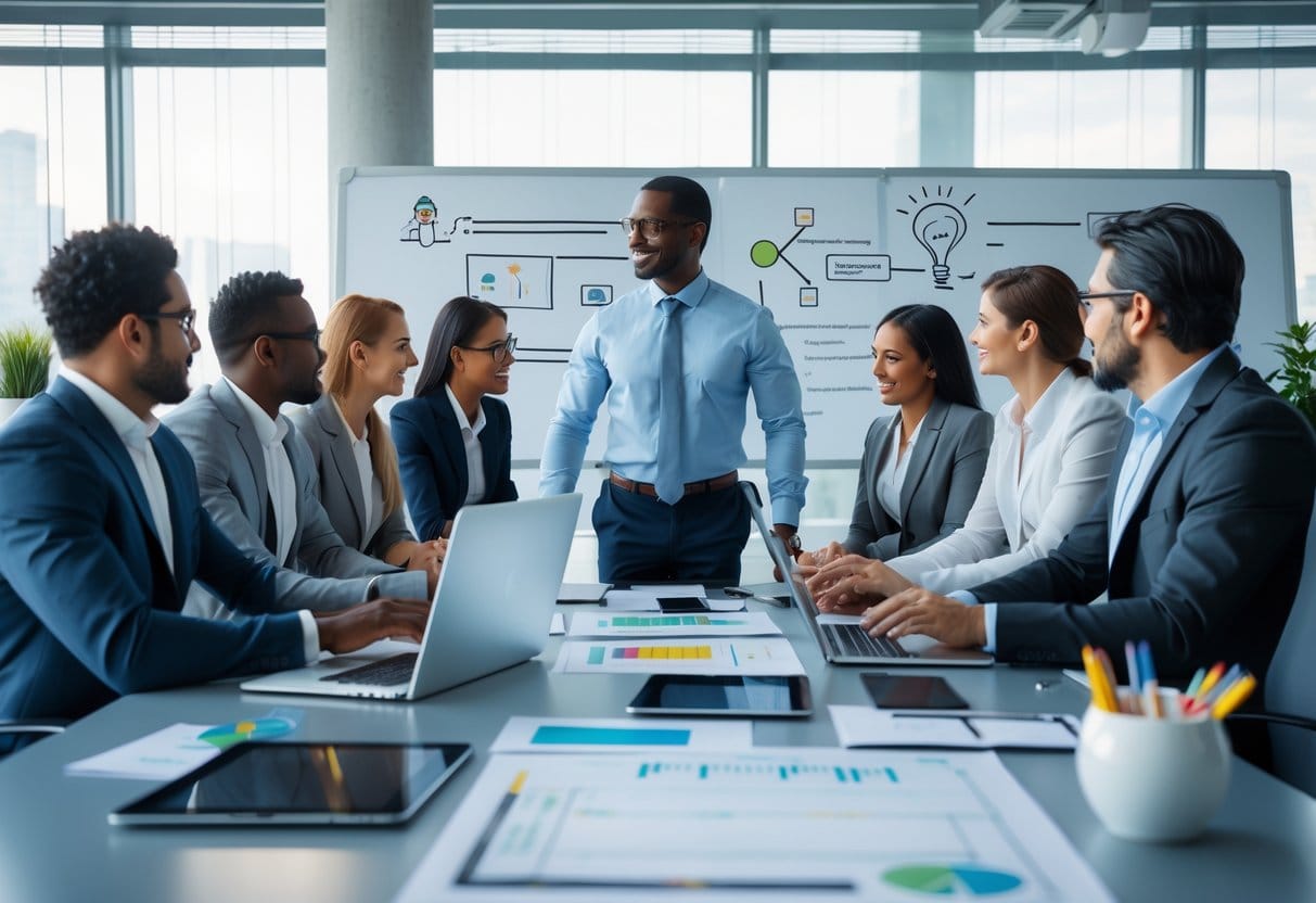 A group of business professionals collaborating around a conference table in a modern office, with one person leading the discussion.