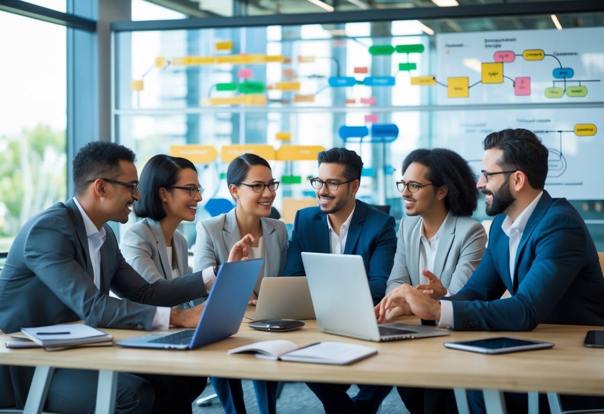 A diverse group of business professionals collaborating around a table in a modern office, engaged in a brainstorming session with laptops and notes.