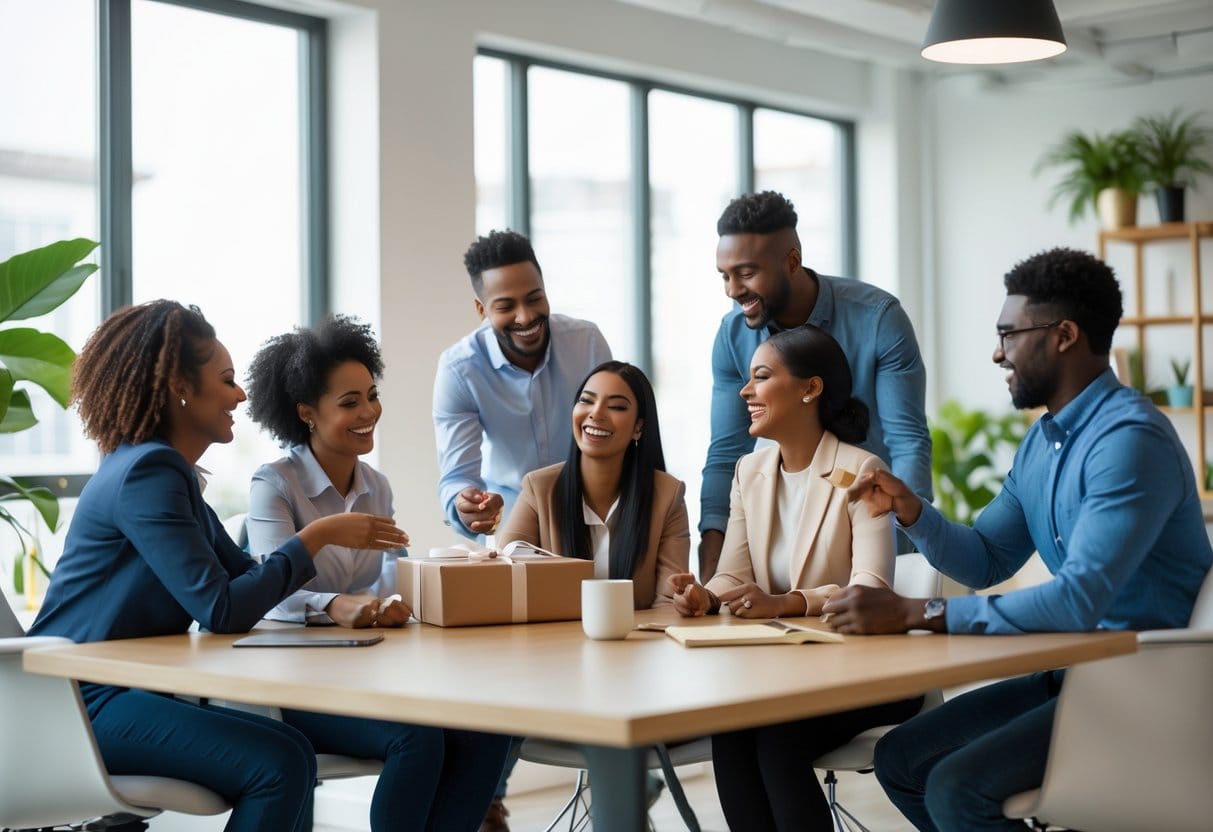 A diverse group of coworkers interacting positively in a modern office, showing teamwork and mutual support.