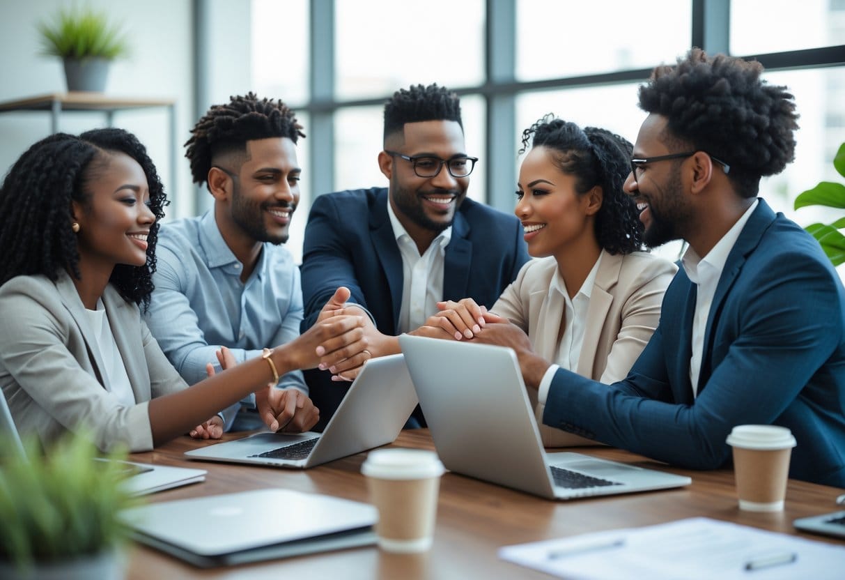 A diverse group of coworkers collaborating and interacting positively around a conference table in an office.