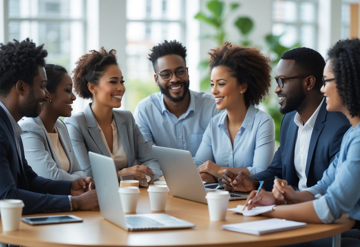 A group of coworkers in an office having a positive team meeting, smiling and listening to each other.