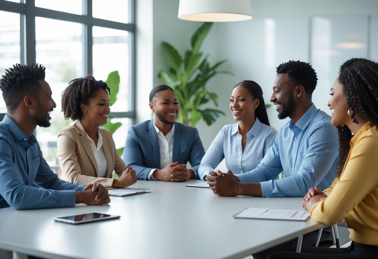A group of five coworkers sitting around a conference table in an office, smiling and engaging in a friendly conversation.