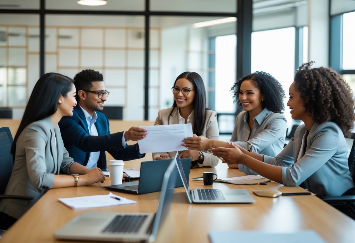A diverse group of coworkers collaborating around a conference table in an office, sharing documents and supporting each other.