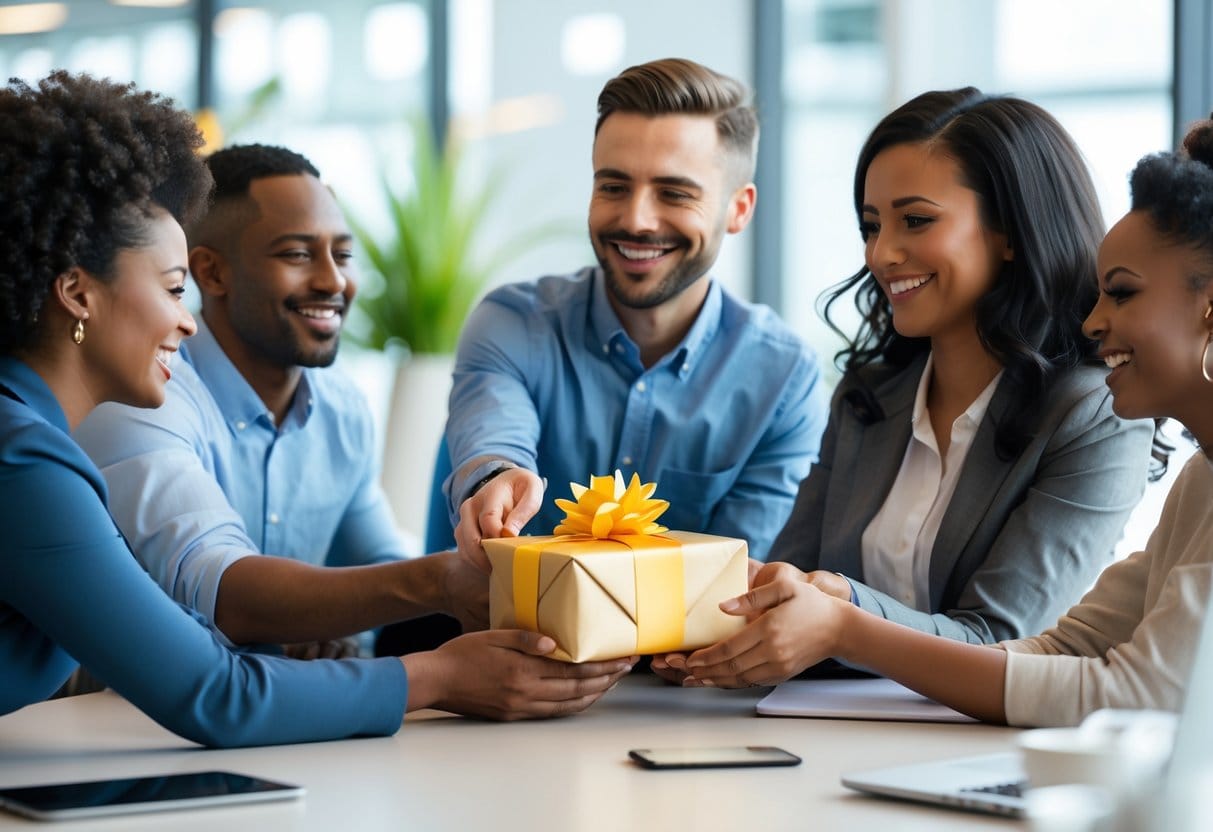 A group of coworkers in an office where one person receives a wrapped gift from a colleague, with others smiling and interacting supportively nearby.