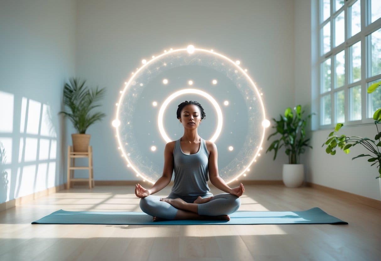 A person sitting cross-legged in a meditative pose with eyes closed in a bright room with plants and sunlight.