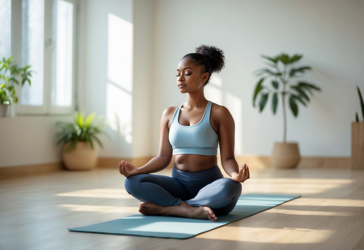 A woman sitting cross-legged on a yoga mat with eyes closed, meditating peacefully in a bright room with natural light and plants.