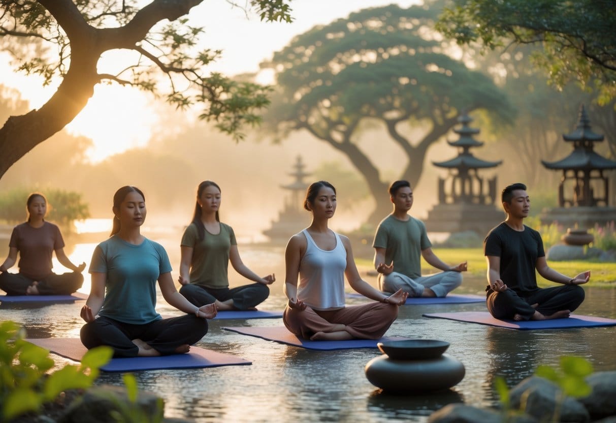 A diverse group of people practicing mindfulness and gentle body awareness exercises outdoors at sunrise, surrounded by nature and cultural artifacts.