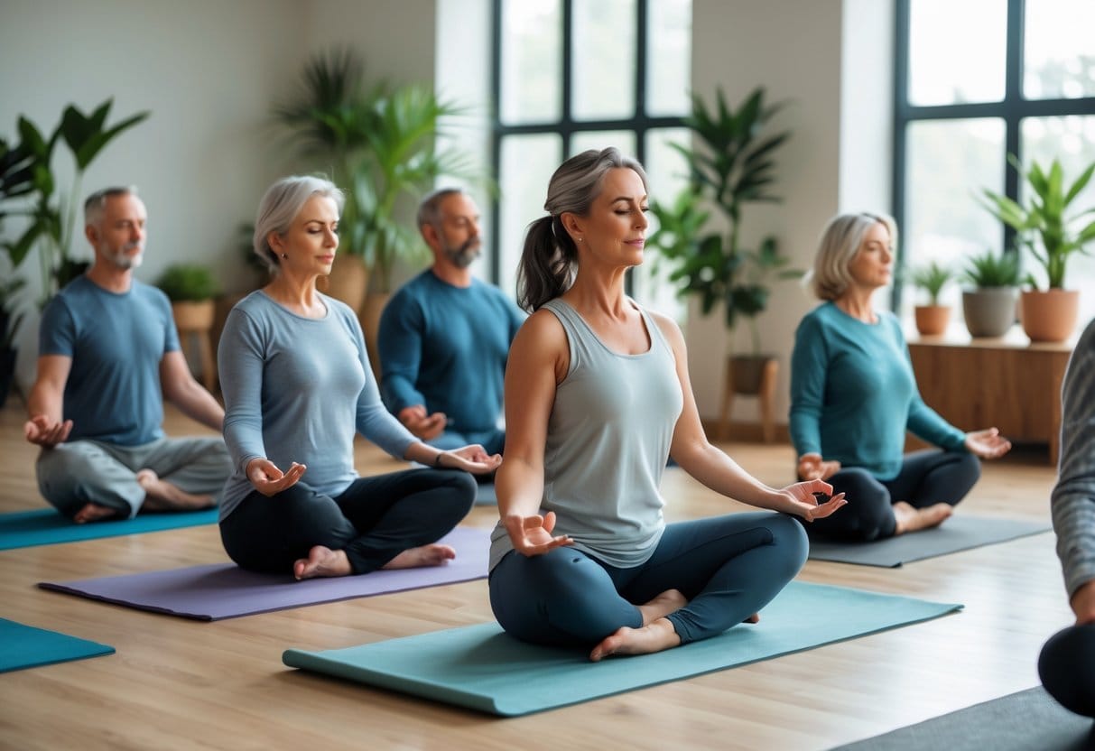 A group of adults practicing mindful stretching and breathing exercises in a bright, calm indoor space.