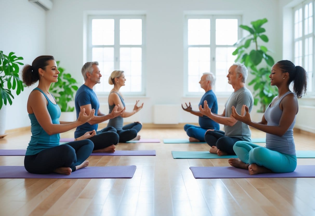 A diverse group of adults practicing gentle yoga and meditation in a bright, peaceful studio.