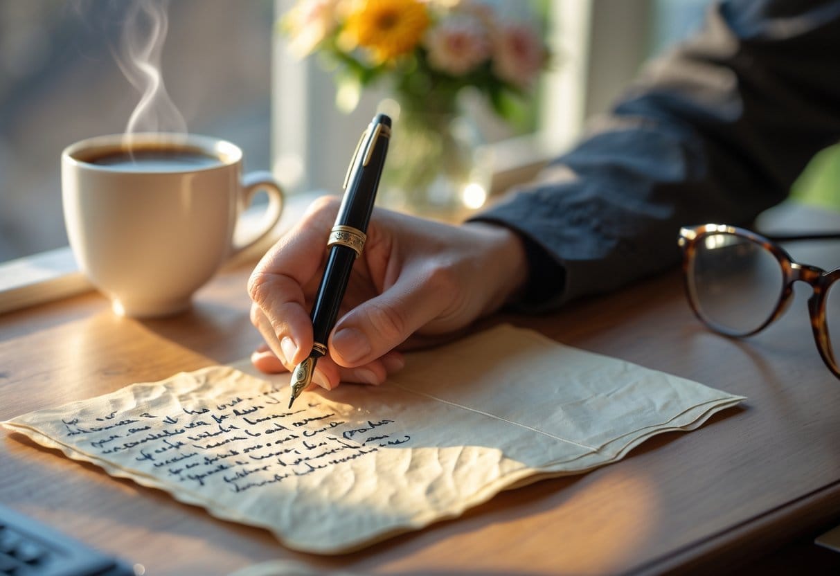 A close-up of a hand writing a note with a fountain pen on cream-colored paper, next to a cup of coffee and a small vase of flowers.