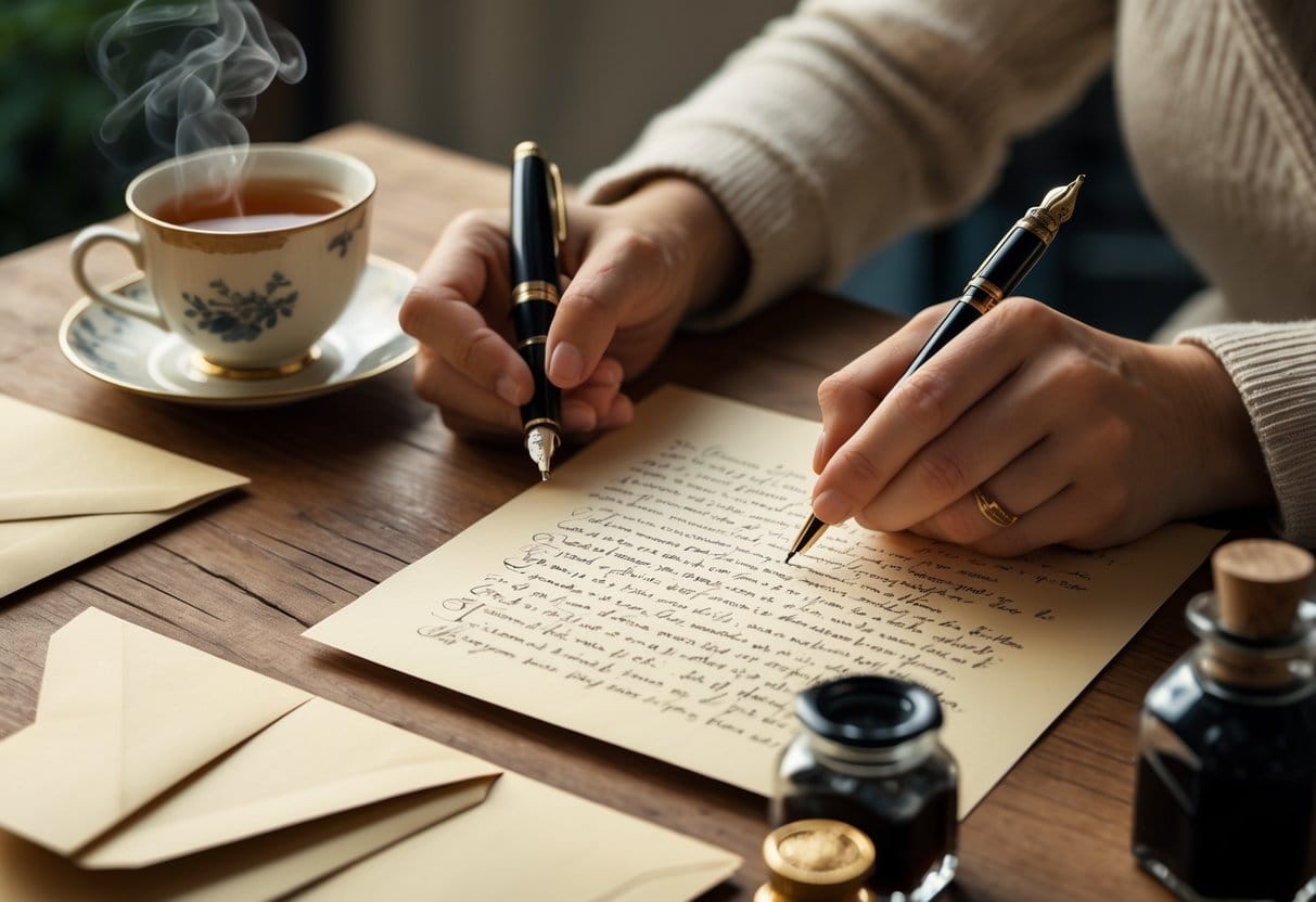 A person writing a handwritten note on cream-colored paper with a fountain pen at a wooden desk with an open envelope and a cup of tea nearby.