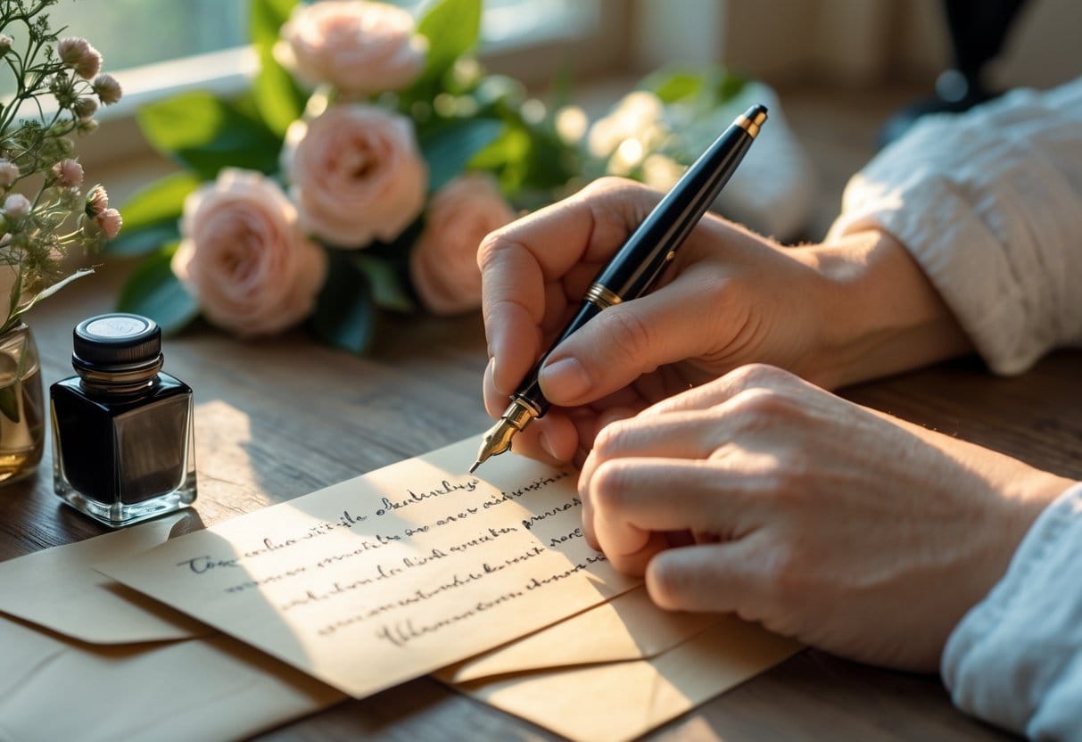 Close-up of a person's hand writing a note with a fountain pen on textured paper surrounded by flowers and an ink bottle.