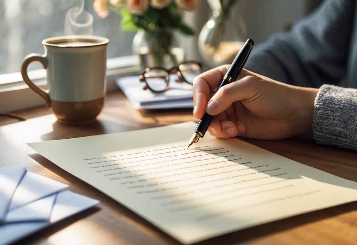 A person writing a hand-written note on paper with a fountain pen at a wooden desk with a coffee cup, flowers, and reading glasses nearby.