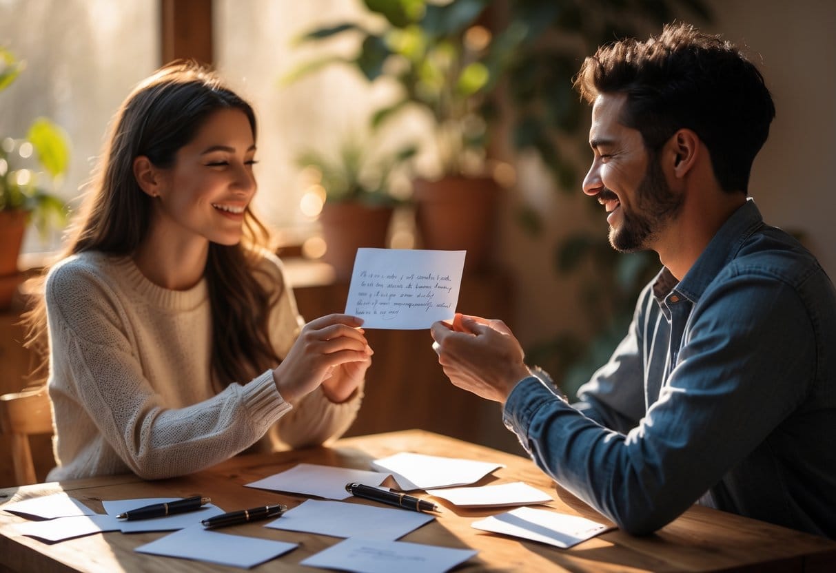 Two people exchanging a handwritten note at a wooden table with stationery and pens, sharing a warm and heartfelt moment.