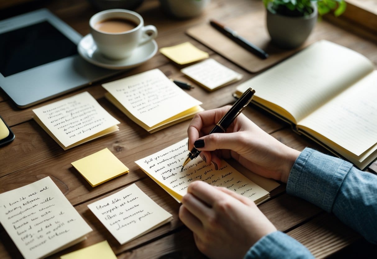 Hands writing a note on cream-colored paper at a wooden desk with handwritten notes, a planner, a coffee cup, and a small plant nearby.