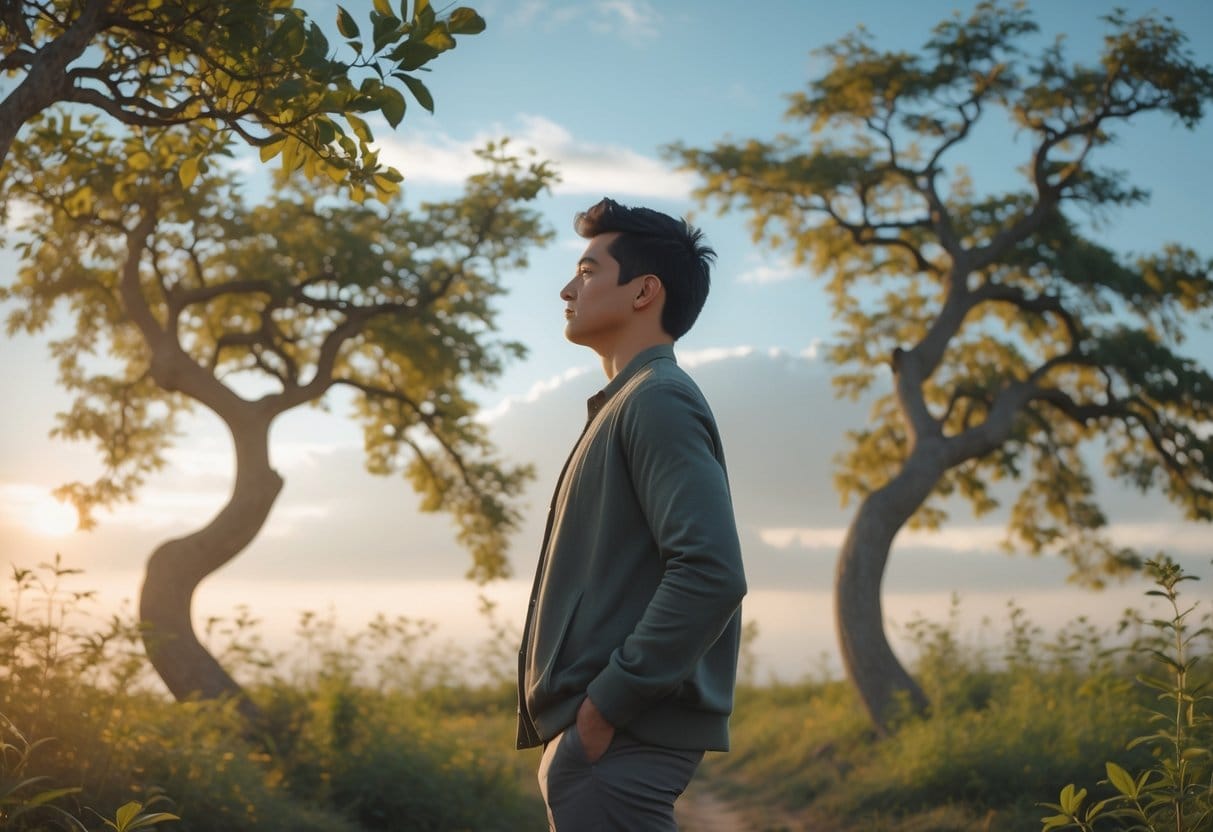 A person standing outdoors among trees with sunlight filtering through, looking calm and determined.