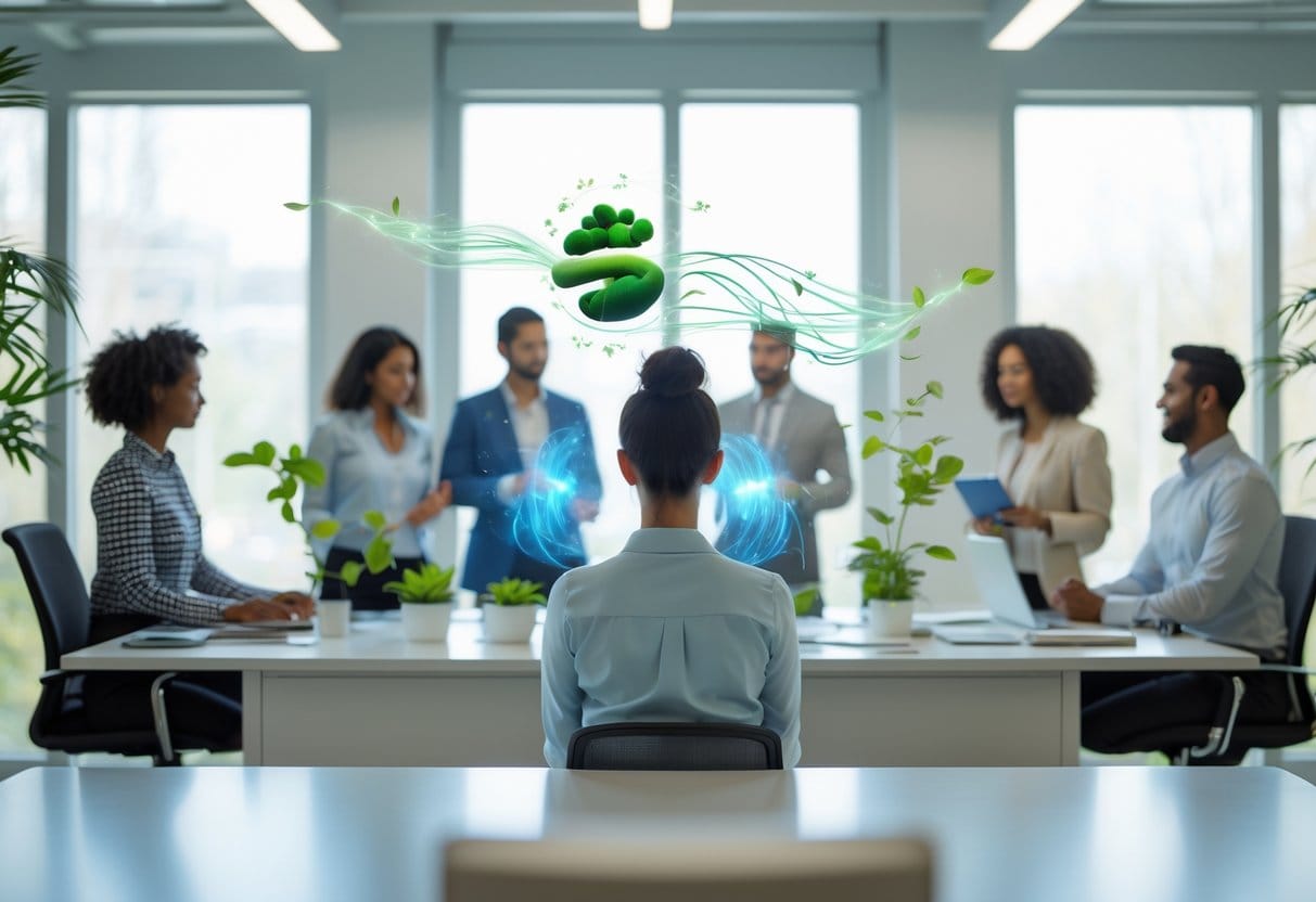 A diverse group of people in a modern office showing calm focus, collaboration, and growth with plants and light symbolizing strength and resilience.