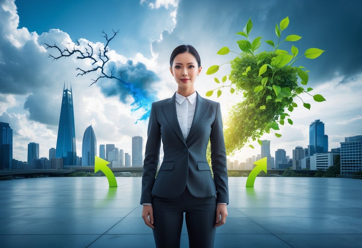 A confident businessperson standing in a cityscape with stormy clouds turning into green leaves and light rays, symbolizing growth from stress and uncertainty.