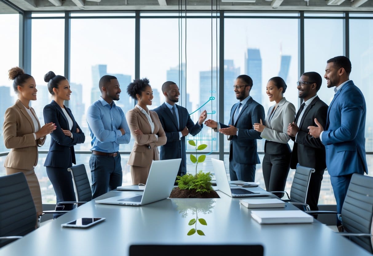 A group of business professionals collaborating confidently in a modern office with a city view, showing teamwork and determination.