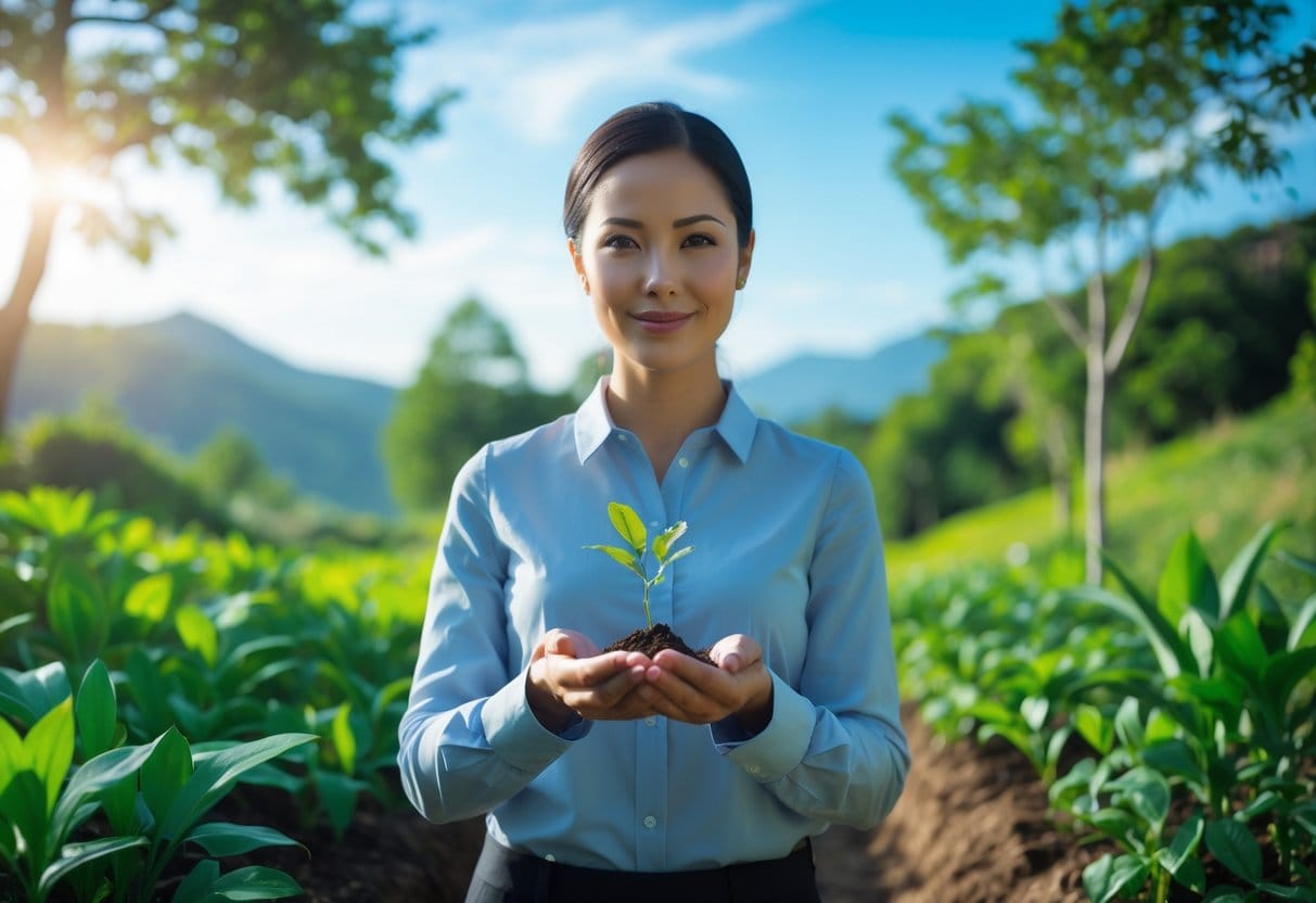 A person holding a small plant outdoors surrounded by green trees and sunlight, symbolizing growth and resilience.