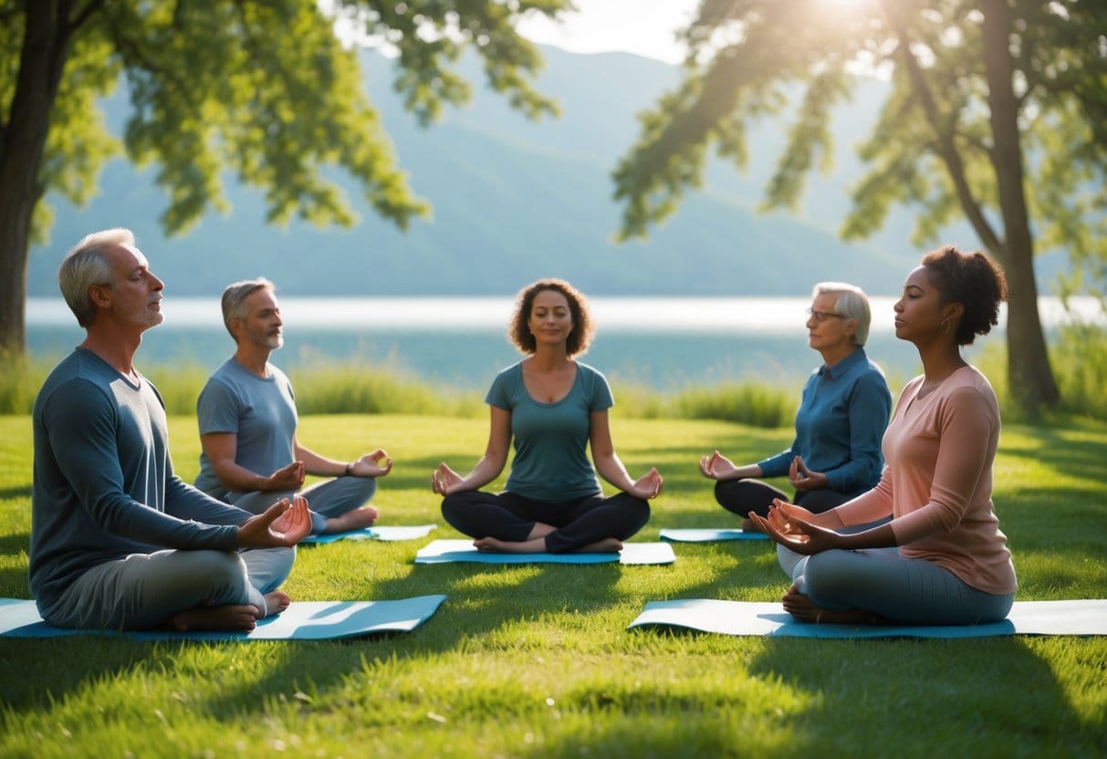A group of adults sitting in a circle outdoors, meditating peacefully in a natural setting with trees and sunlight.