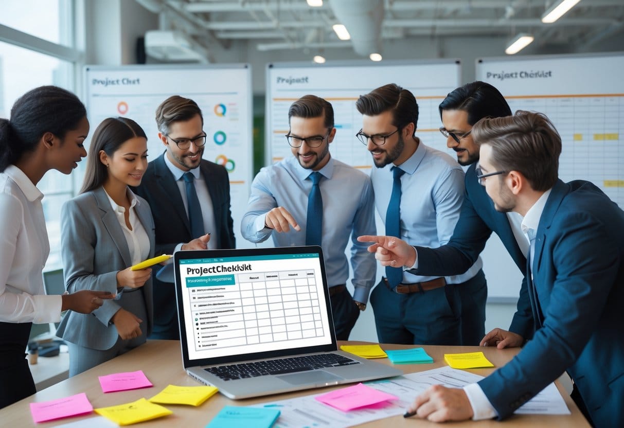A group of business professionals collaborating around a desk with laptops, printed checklists, and whiteboards displaying charts in an office.