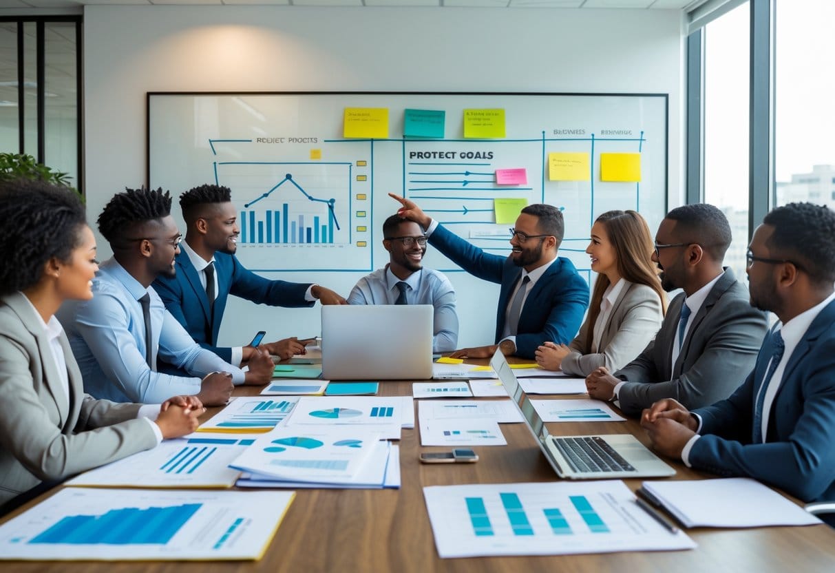 A group of business professionals collaborating around a conference table with documents and a whiteboard displaying project plans.
