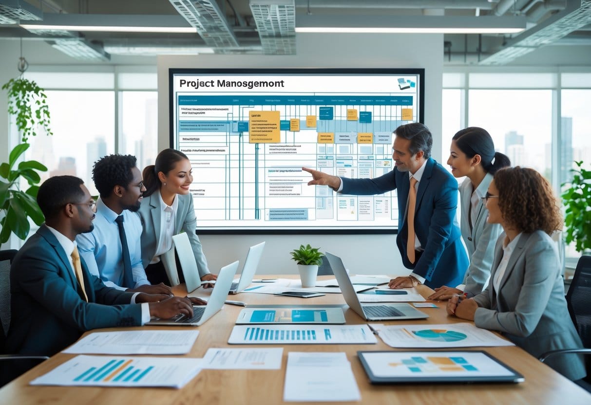 A group of professionals working together around a table with documents and a large screen showing a project plan in a bright office.