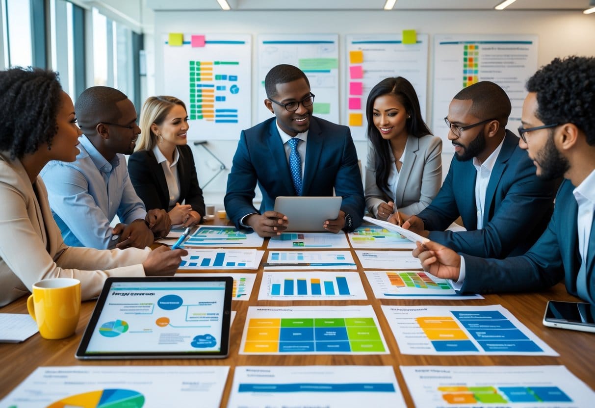 A team of professionals collaborating around a table covered with project plans, charts, and documents in a bright office.